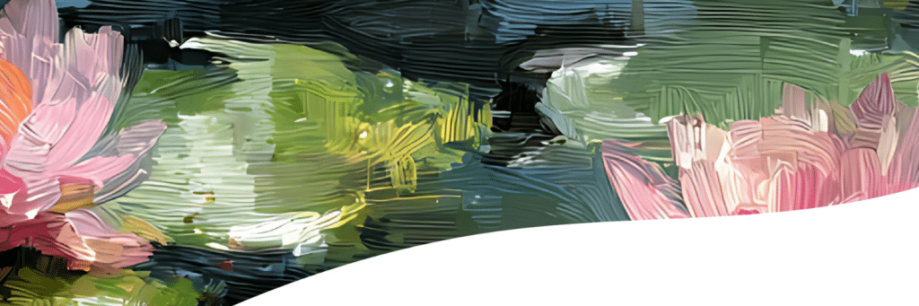 Colorful abstract painting with broad brushstrokes in pink, green, and blue, and a white curved arc at the bottom.