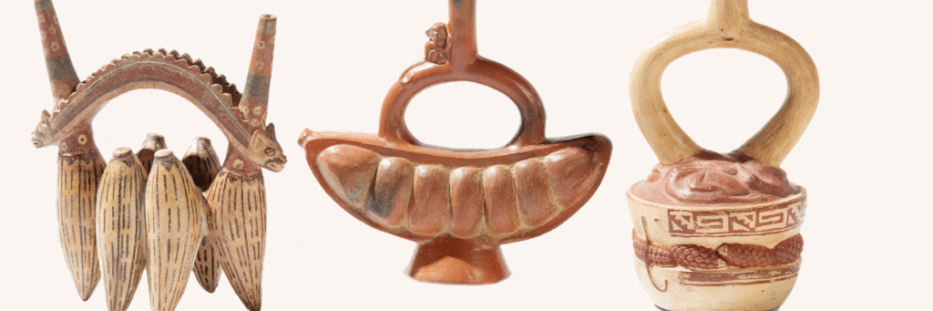 Three antique pottery vessels with curved handles displayed side by side: left with hanging spindle-like shapes, center a boat-shaped pot, right a cream jug with geometric bands.
