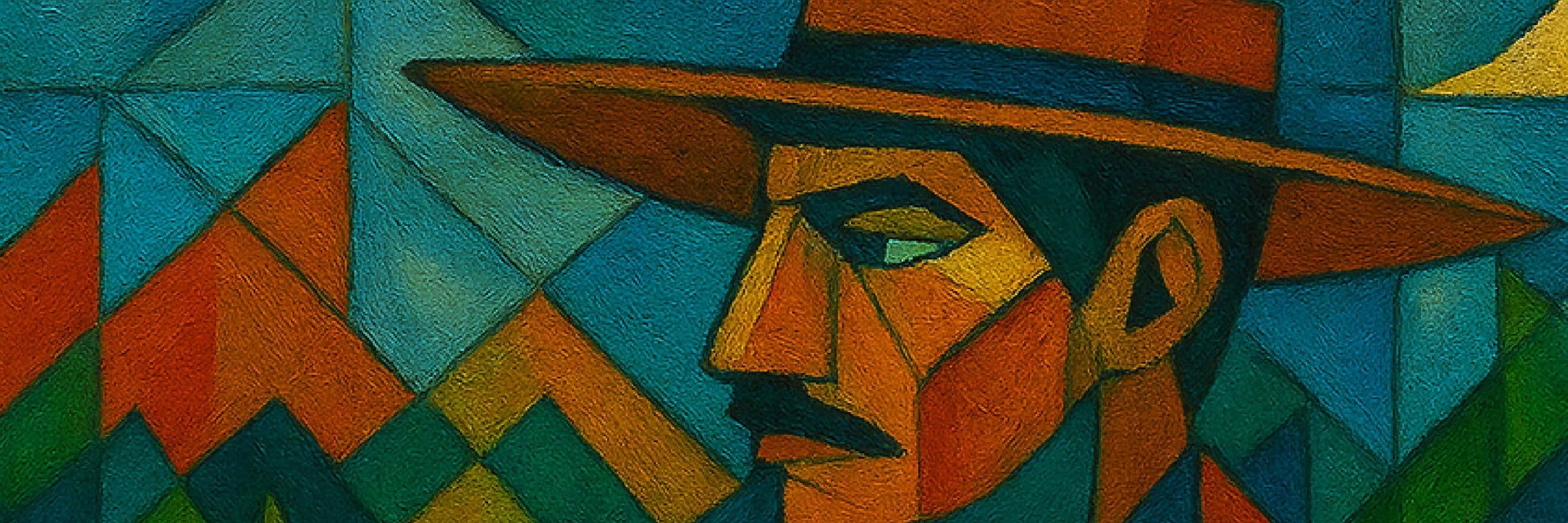 Abstract cubist portrait of a person in a wide-brim hat, rendered in bold blue, orange, and green geometric shapes.