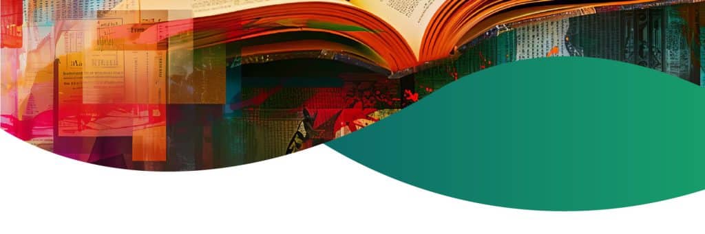Abstract collage of colorful books and shapes forming a wave, symbolizing learning and creativity.
