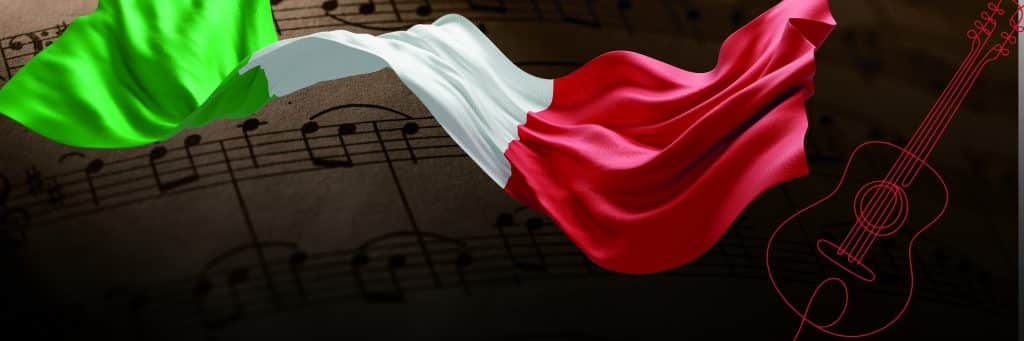 Italian flag colors draped over a dark musical backdrop with a red guitar outline on the right