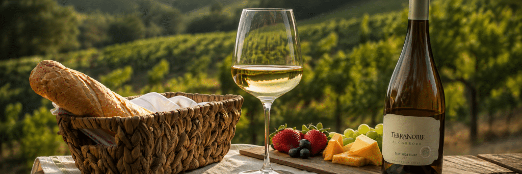 Wine and cheese picnic setup in a vineyard: baguette in a basket, glass of white wine, cheese, grapes, and berries on a wooden table with a bottle nearby.