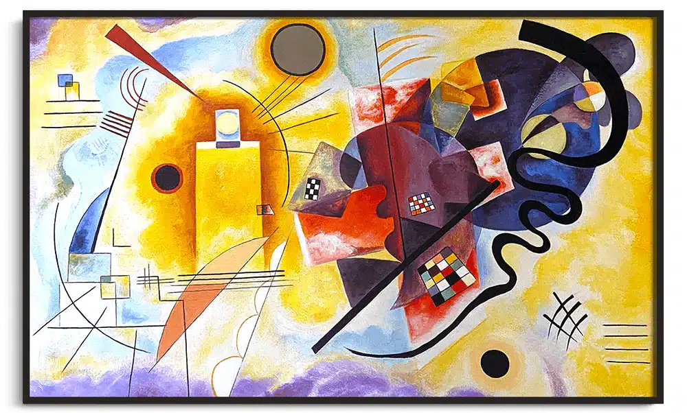 Abstract geometric painting with a yellow background, overlapping shapes, lines, and a black curved stripe on the right side.