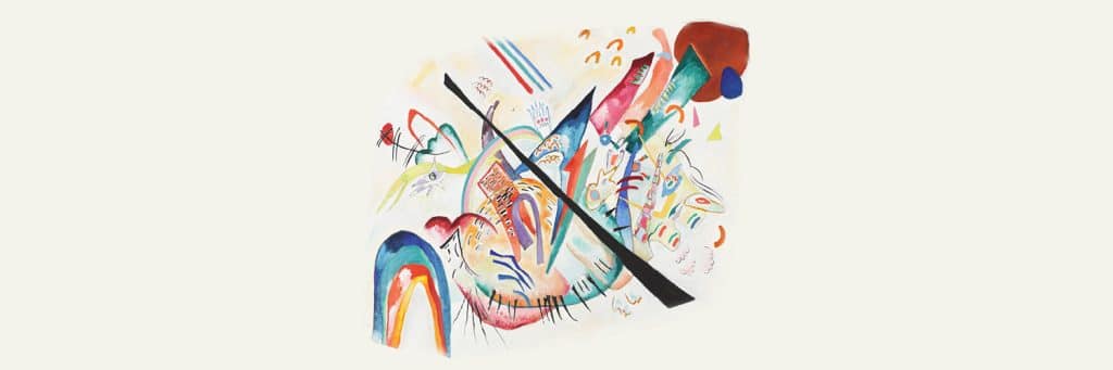 Abstract watercolor-style painting with a bold black diagonal stripe crossing a riot of multicolored shapes and curves.