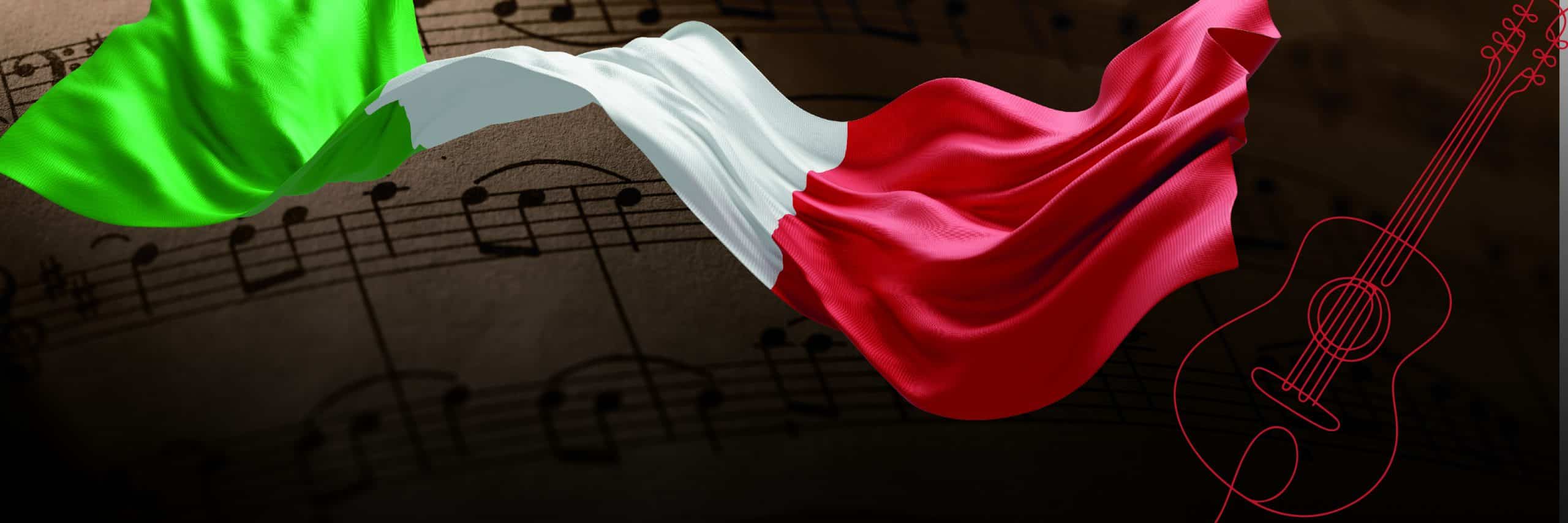 Italian flag ribbon flows over a dark sheet music background with a red guitar outline on the right, symbolizing Italian music.