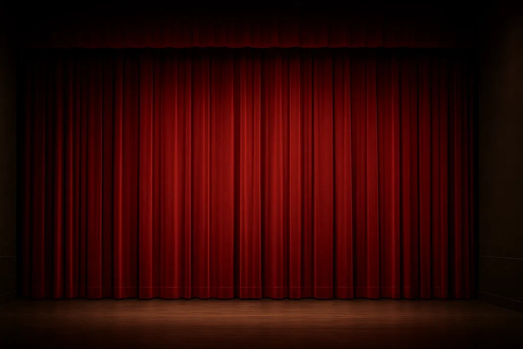 Empty theater stage with deep red velvet curtains drawn closed over a wooden floor