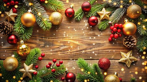 Festive Christmas arrangement of gold and red ornaments, pine branches, and stars on a wooden background.