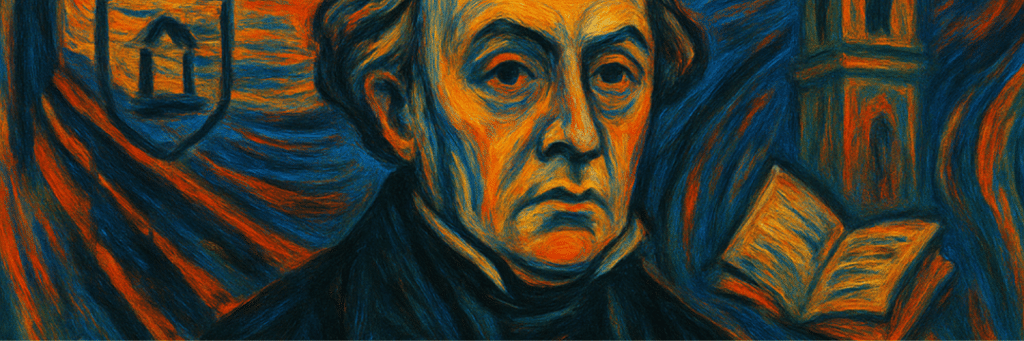 Expressionist portrait of a somber man with an open book beside him, painted in blue and orange swirls.