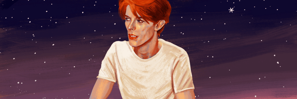 Illustration of a young man with red hair in a white t-shirt, gazing to the left, against a starry purple night sky.