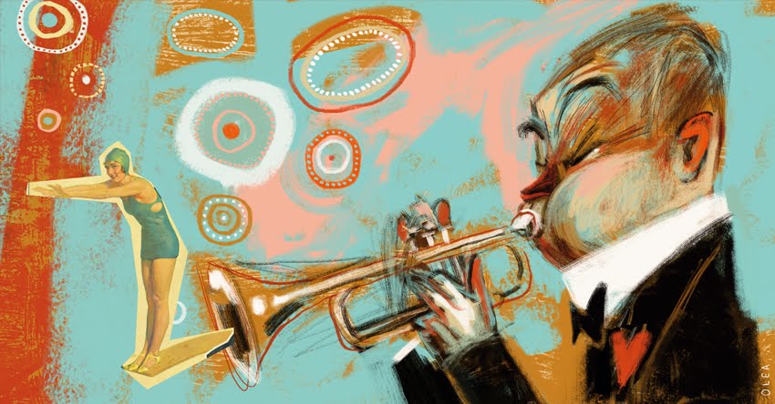Abstract illustration of a trumpet-playing man in a tuxedo on the right, with a small swimmer on a yellow board reaching forward on the left, against turquoise and orange circular shapes.