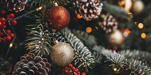 Decorative Christmas tree branches with gold and red ornaments, pinecones, and red berries, conveying a festive holiday mood.