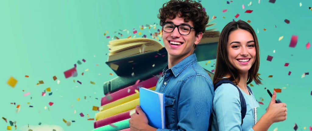 Two students back-to-back, smiling, holding books and notebooks amid colorful confetti for a celebratory back-to-school scene
